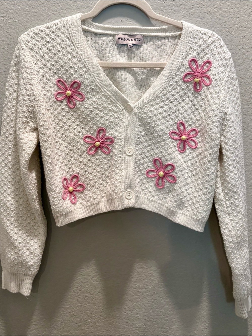 Willow and Wind Cream Knit Cardigan with Pink Flower Appliqués